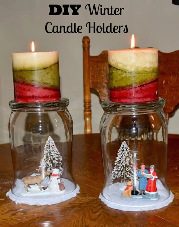Candles in stable holders for winter decor.