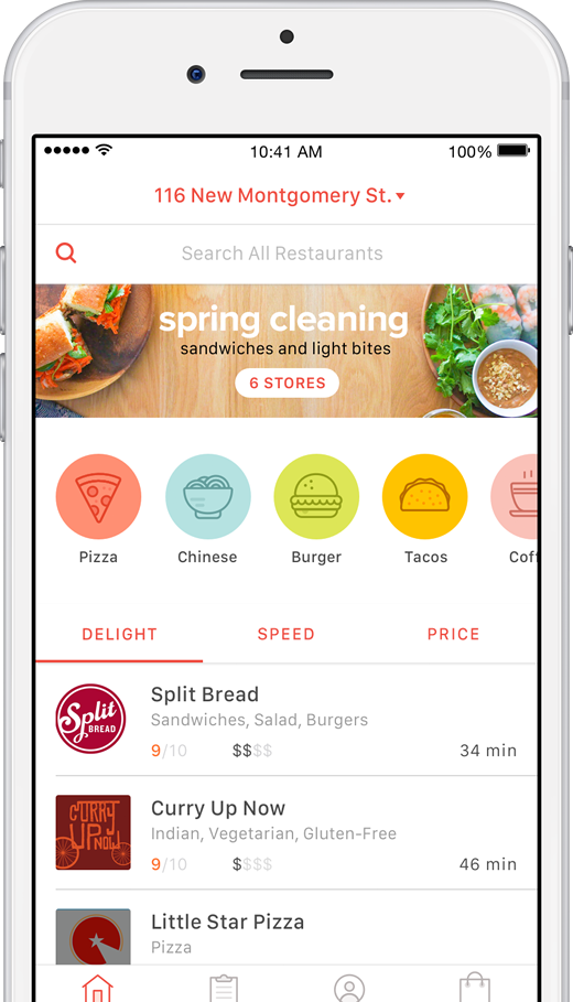 Browse your town for the local favorites or sort by cuisine, price, or speed.