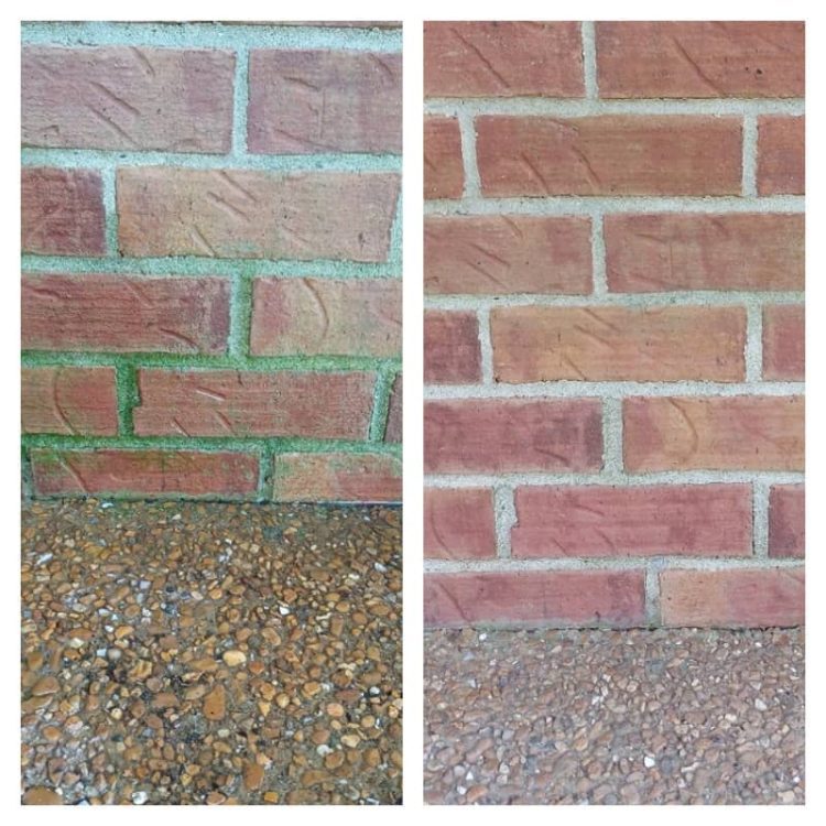 before and after wall mounted pressure washer on brick